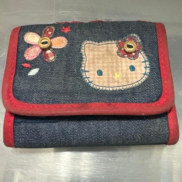 Hello Kitty Handbags - Sanrio Hello Kitty Gingham Rare patch vintage Y2K denim tri fold wallet collecti